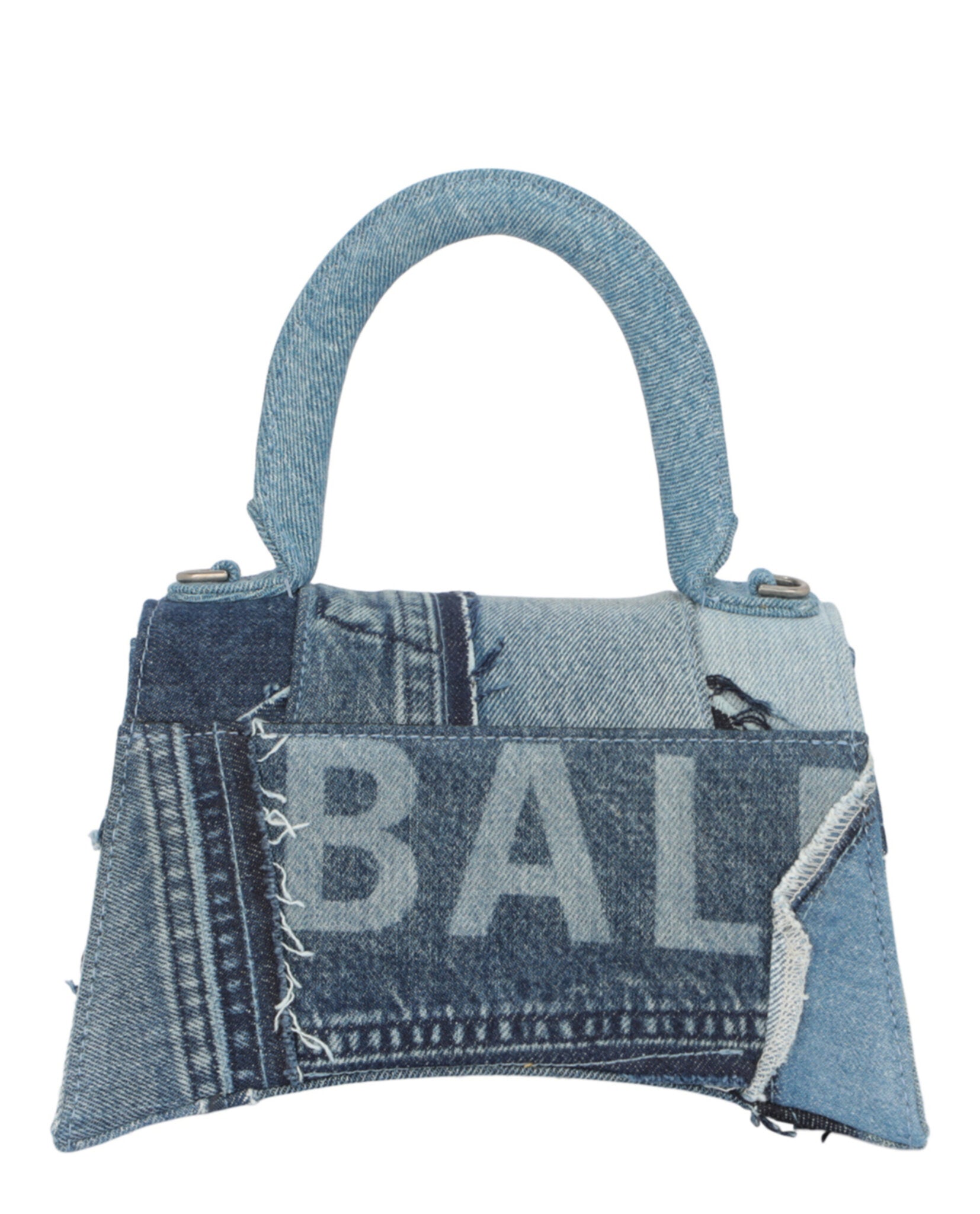 Balenciaga Womens Hourglass Denim Patchwork Top Handle Bag