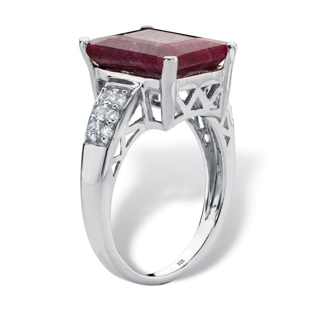 PalmBeach Jewelry Sterling Silver Emerald Cut Genuine Red Ruby and Round Genuine White Topaz Ring Sizes 6-10