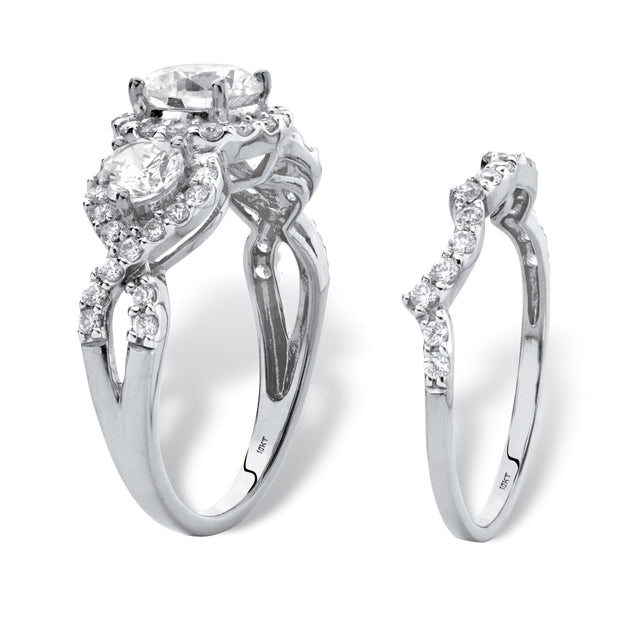 PalmBeach Jewelry 10K White Gold Round Cubic Zirconia 3-Stone Halo Bridal Ring Set Sizes 6-9