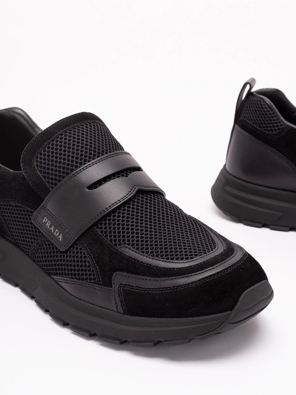 Prada Prada Men Prax Mesh Fabric And Leather Loafers