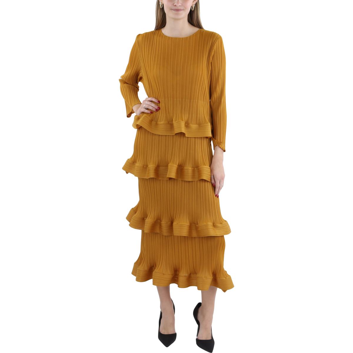 Womens Pleated Tiered Midi Dress Regular 12 (L) Gold