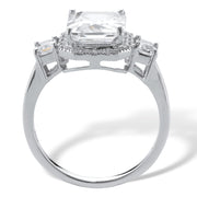 PalmBeach Jewelry Platinum-plated Sterling Silver Emerald Cut Created Sapphire 3 Stone Halo Engagement Ring Sizes 6-10