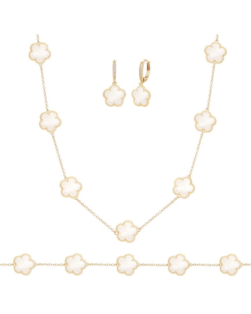 Jankuo 14K Plated Mother Of Pearl Cz Bracelet, Earrings, & Necklace Set
