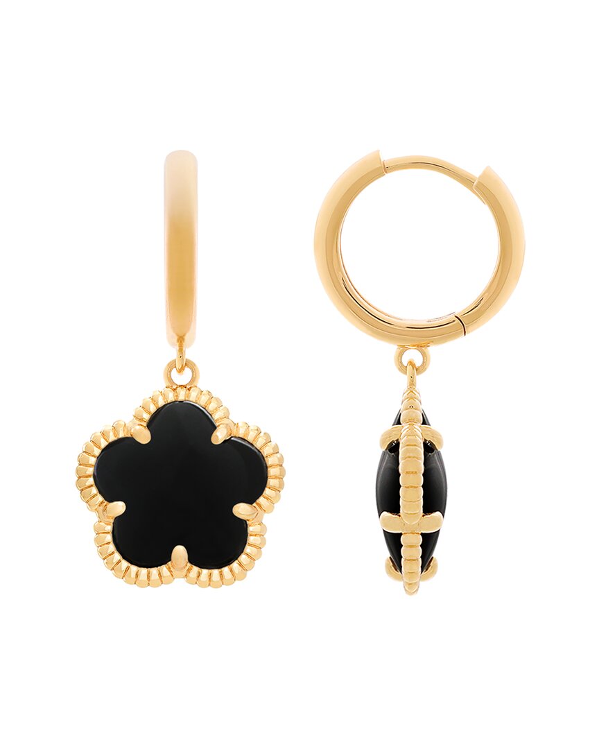 Jankuo Flower 14K Plated Onyx Cushion Huggies Earrings