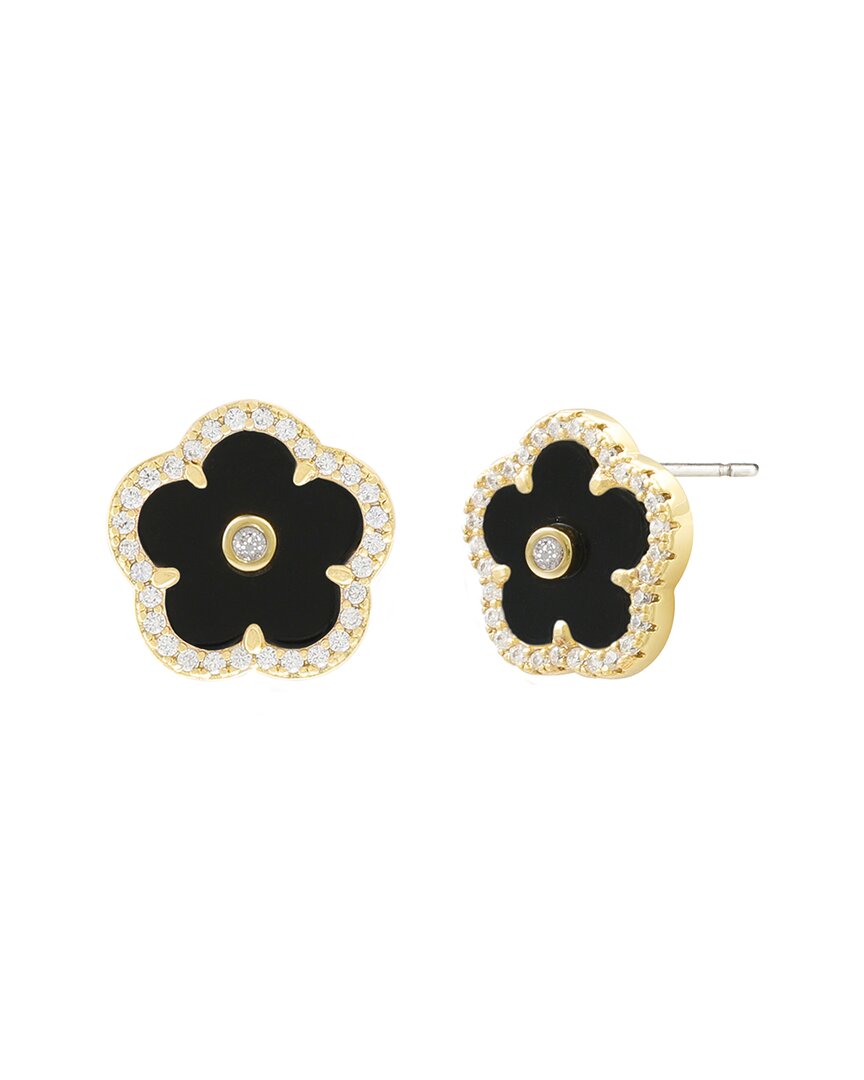 JANKUO Jankuo Flower 14K Plated Onyx Cz Stud Earrings