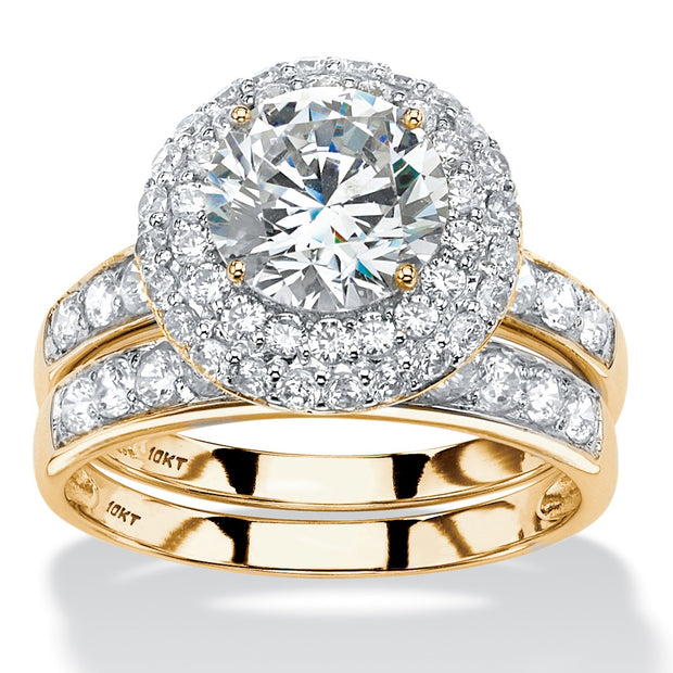 PalmBeach Jewelry 10K Yellow Gold Round Cubic Zirconia Double Halo Bridal Ring Set Sizes 6-10