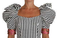 Dolce & Gabbana White Black Striped Cropped Top Puff Sleeve Women's Shirts