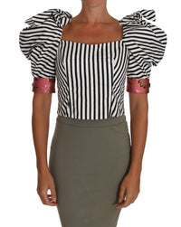 Dolce & Gabbana White Black Striped Cropped Top Puff Sleeve Women's Shirts