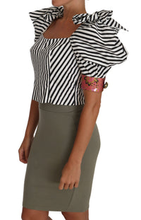 Dolce & Gabbana White Black Striped Cropped Top Puff Sleeve Women's Shirts