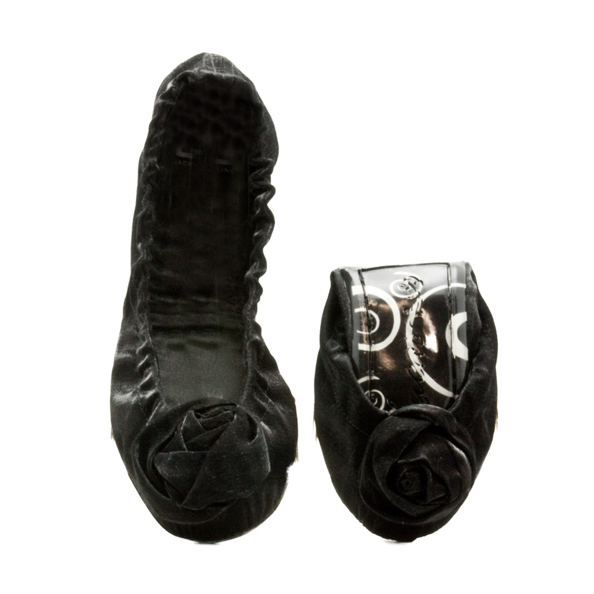J&C S01_12A_001 Folding Black Rosette Fabric Ballerina Flats