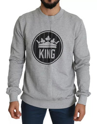 Dolce & Gabbana Gray Crown King Print Cotton Pullover Men's Sweater
