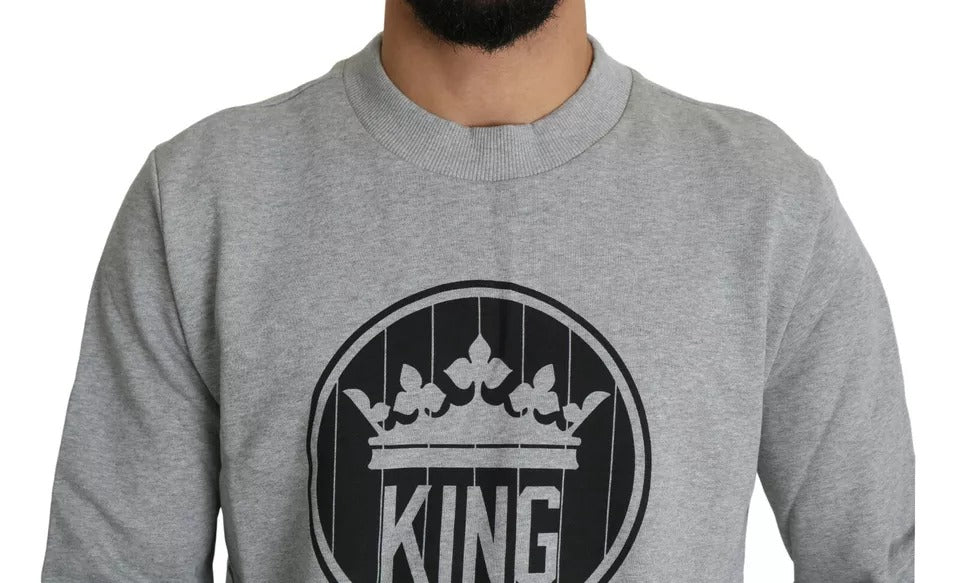 Dolce & Gabbana Gray Crown King Print Cotton Pullover Men's Sweater