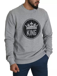 Dolce & Gabbana Gray Crown King Print Cotton Pullover Men's Sweater