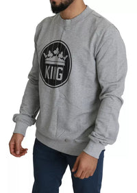 Dolce & Gabbana Gray Crown King Print Cotton Pullover Men's Sweater