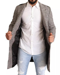 Dolce & Gabbana Gray Check Plaid Long Trench Coat Men's Jacket