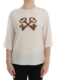 Dolce & Gabbana White Sequined Key Silk Blouse T-shirt Women's Top