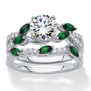 PalmBeach Jewelry Platinum-plated Sterling Silver Round Cubic Zirconia with Marquise Synthetic Green Emerald Twisted Vine Bridal Ring Set Sizes 6-10