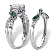 PalmBeach Jewelry Platinum-plated Sterling Silver Round Cubic Zirconia with Marquise Synthetic Green Emerald Twisted Vine Bridal Ring Set Sizes 6-10