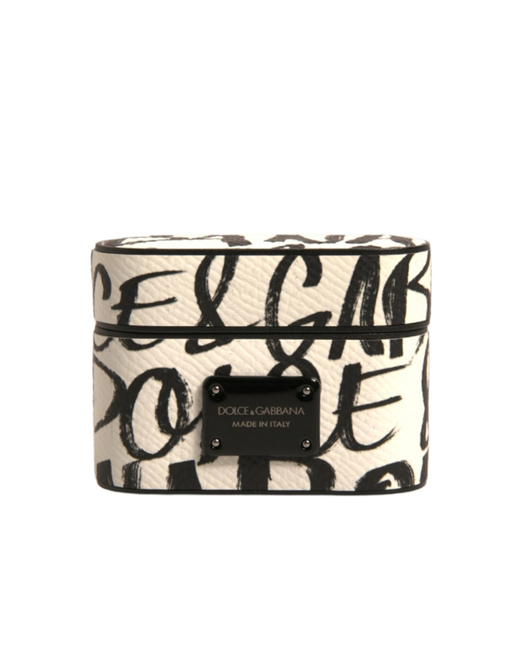 Dolce & Gabbana Dolce & Gabbana Black White Leather Scribble Embossed Logo Airpods  Case