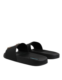 Dolce & Gabbana Black Divers Leather Flats Slides Sandals Beachwear Men's Shoes