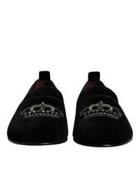 Dolce & Gabbana Black Velvet Crystal Crown Loafers Formal Dress Men's Shoes