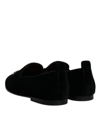 Dolce & Gabbana Black Velvet Crystal Crown Loafers Formal Dress Men's Shoes