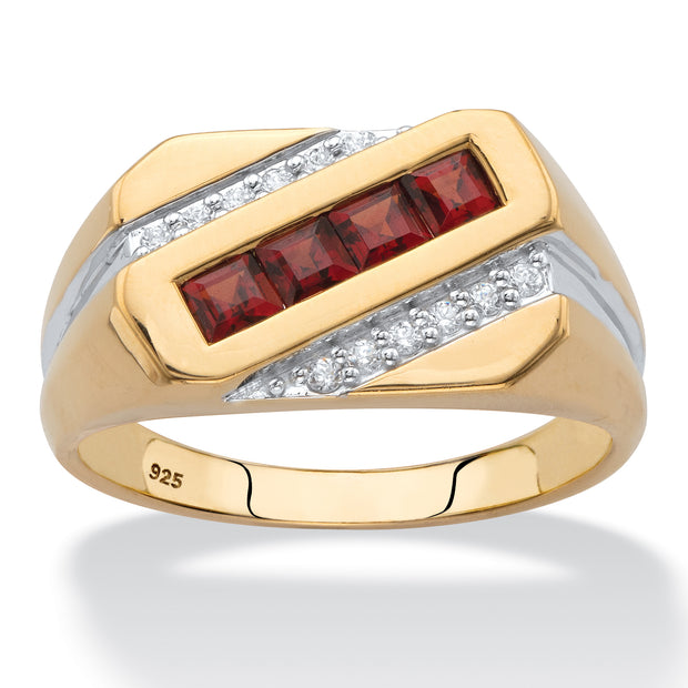 PalmBeach Jewelry Men's Yellow Gold-plated Sterling Silver Square Genuine Red Garnet and Diamond Accent Diagonal Ring Sizes 8-13