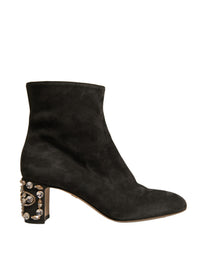 Dolce & Gabbana Black Embellished Heel Ankle Boots Women's Shoes