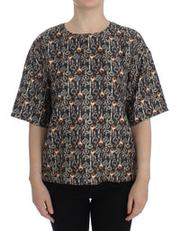 Dolce & Gabbana Gray Gold Key Print Silk Blouse Women's T-shirt
