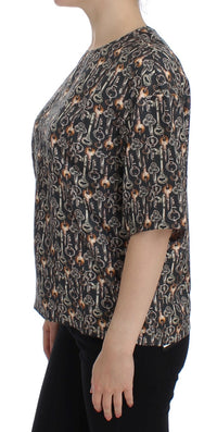 Dolce & Gabbana Gray Gold Key Print Silk Blouse Women's T-shirt