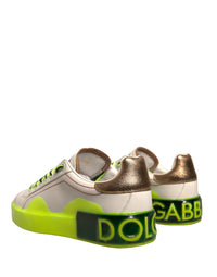 Dolce & Gabbana White Yellow Portofino Leather Sneakers Women's Shoes