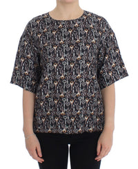 Dolce & Gabbana Gray Gold Key Print Silk Blouse Women's T-shirt