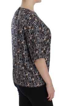 Dolce & Gabbana Gray Gold Key Print Silk Blouse Women's T-shirt