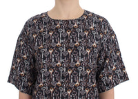 Dolce & Gabbana Gray Gold Key Print Silk Blouse Women's T-shirt