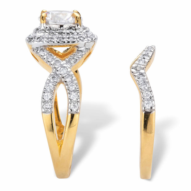 PalmBeach Jewelry Yellow Gold-plated Sterling Silver Round Cubic Zirconia Halo Bridal Ring Set Sizes 6-10