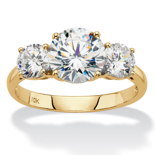 PalmBeach Jewelry 10K Yellow Gold Round Cubic Zirconia 3-Stone Bridal Ring Sizes 6-10