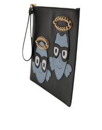 Dolce & Gabbana Dolce & Gabbana Black Leather #DGFAMILY Embellished Men Zip Pouch Men's Bag