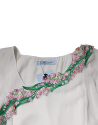 Blumarine White Floral Embroidery Viscose Chiffon Shift Women's Dress