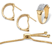 PalmBeach Jewelry 18K Gold-Plated Diamond Accent Demi Hoop Earrings, Ring and Adjustable Bolo Bracelet Set 9 inches