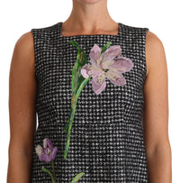 Dolce & Gabbana Gray Houndstooth Floral Appliqué Shift Mini Women's Dress