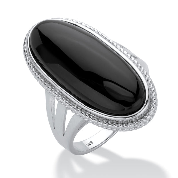 PalmBeach Jewelry Sterling Silver Oval Shaped Natural Black Onyx Spllit Shank Ring Sizes 6-12