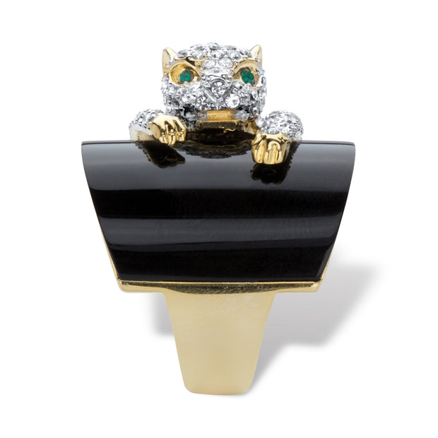 PalmBeach Jewelry Yellow Gold-plated Natural Black Onyx and Round Green Crystals Leopard Ring Sizes 6-10