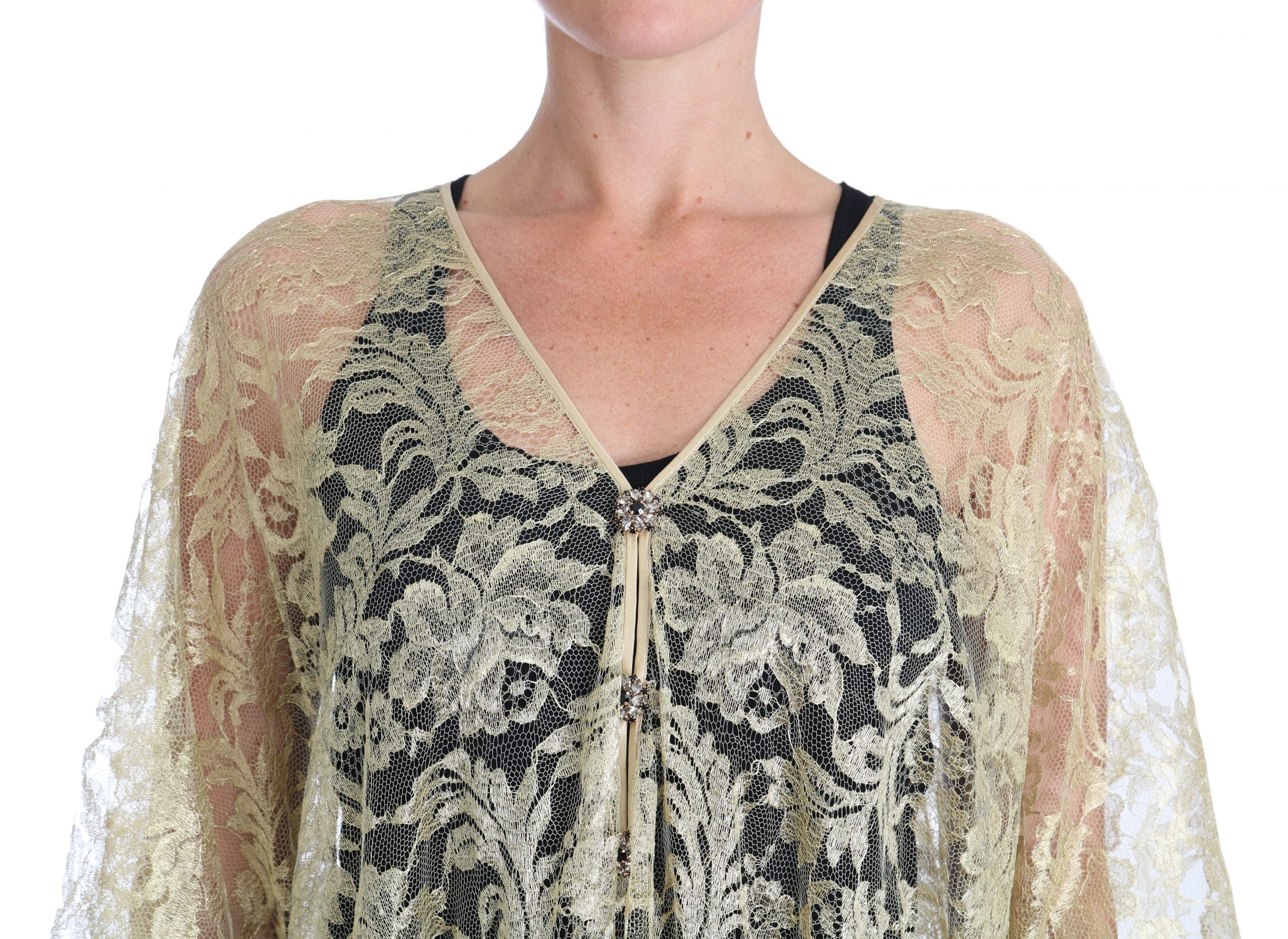Dolce & Gabbana Gold Floral Lace Crystal Gown Cape Women's Dress