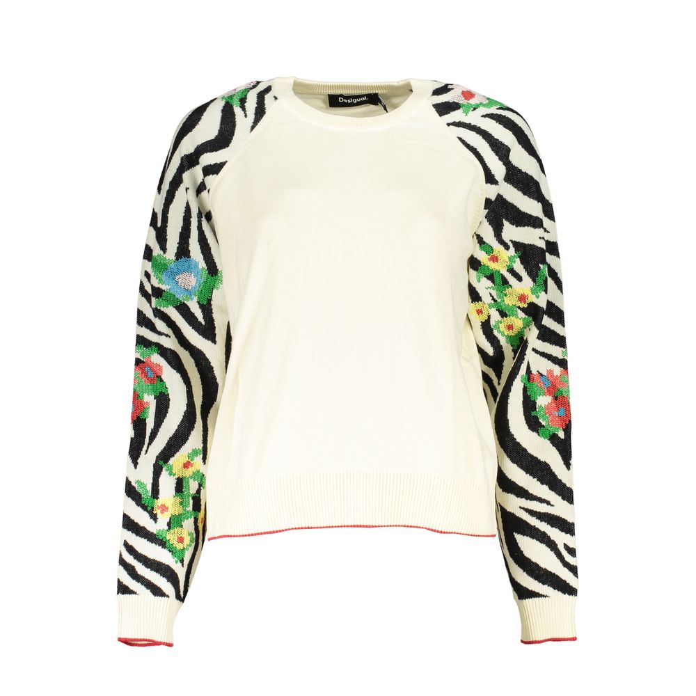 Desigual Desigual Elegant White Crew Neck Sweater with Contrast Women's Details