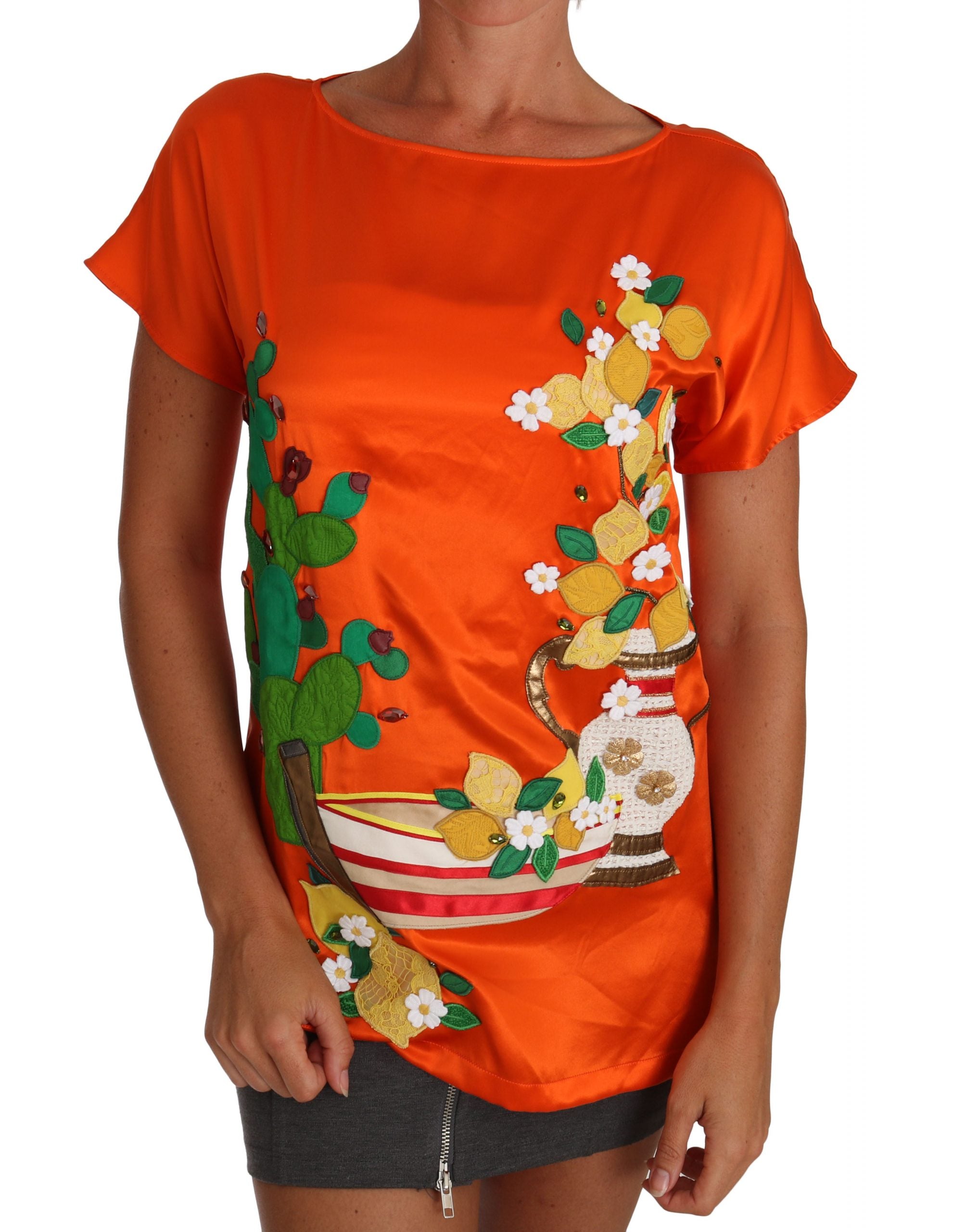 Dolce & Gabbana Silk Orange Lemon Crystal T-shirt Women's Top
