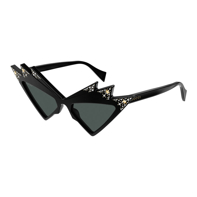 Gucci Sunglasses Cat Eye Full Rim, Shiny Black with White Stones Frame and Grey Lens GG1371S003