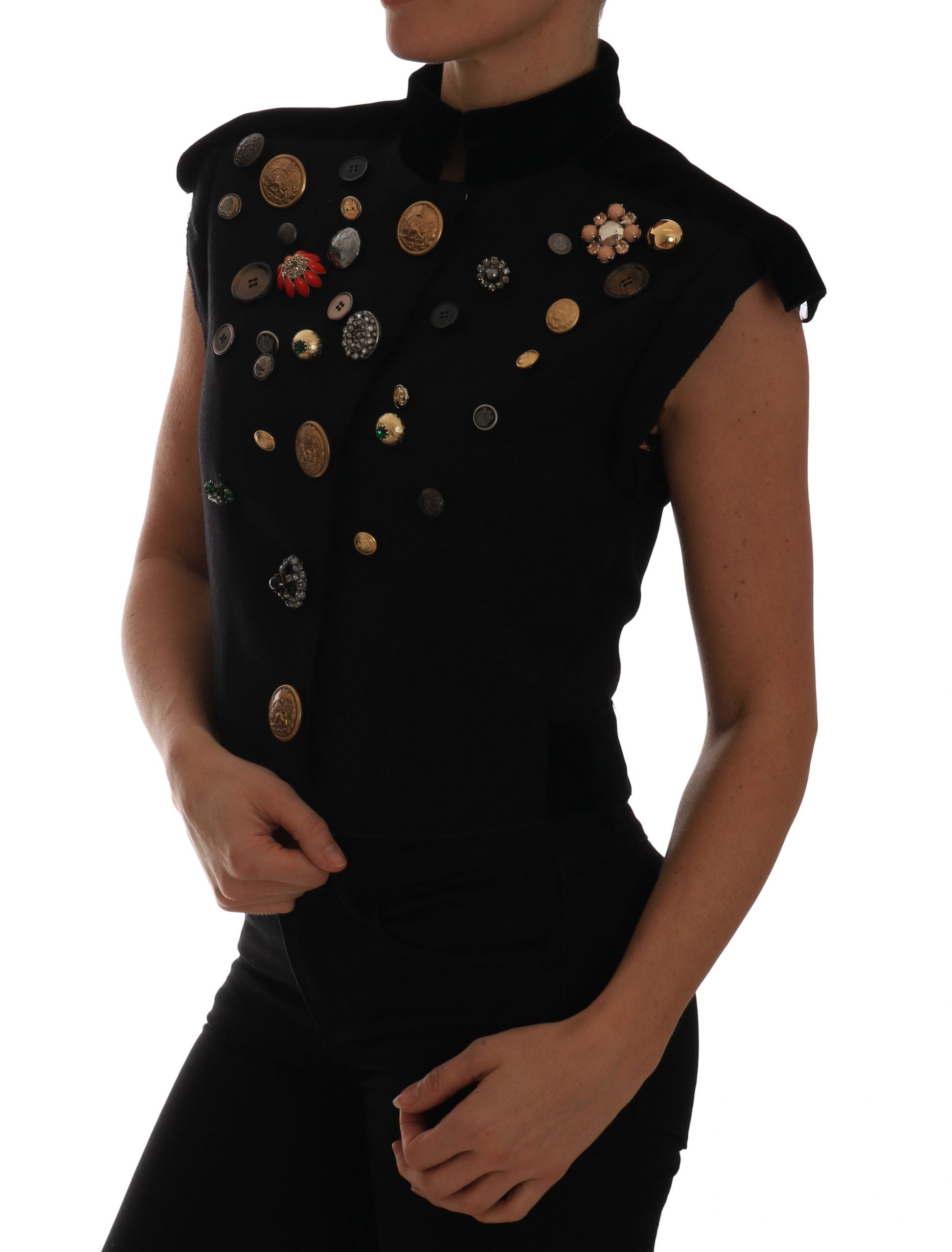 Dolce & Gabbana Black Embellished Floral Military Jacket Women's Vest