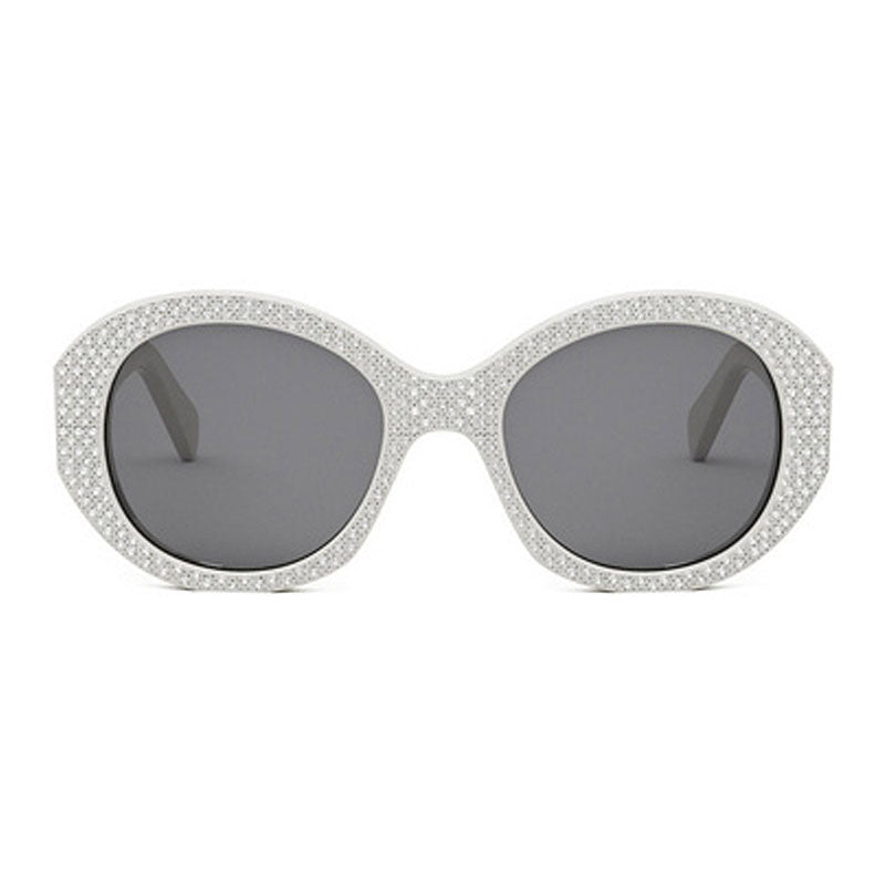 Celine Sunglasses Round Full Rim, Shiny Ivory with Silver Studs Embellishment Frame and Smoke Lens CL4240IS25A
