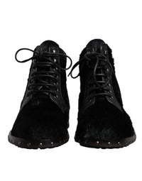Dolce & Gabbana Black Pony Style Leather Mid Calf Boots Men's Shoes