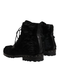 Dolce & Gabbana Black Pony Style Leather Mid Calf Boots Men's Shoes